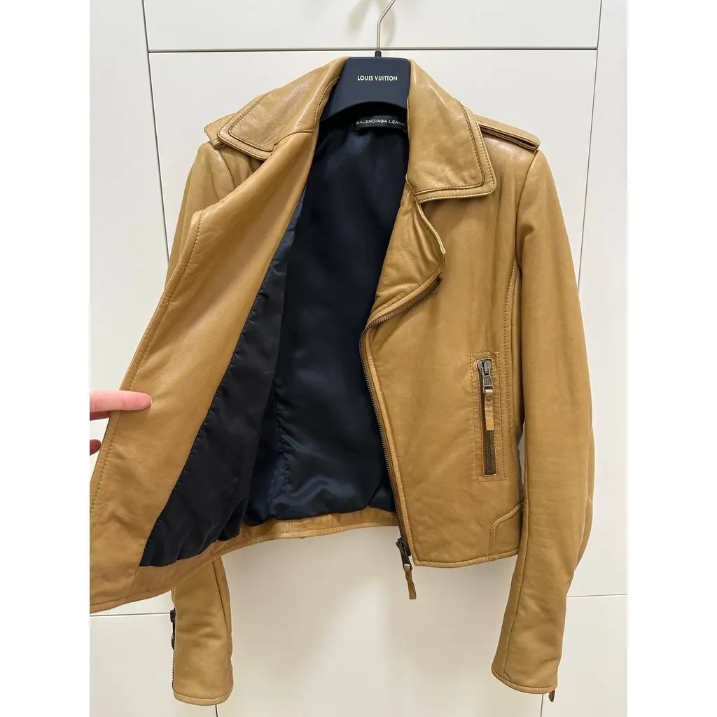 Balenciaga 2009 Tan Khaki Lamb Leather Biker Jacket Sz.40 Pre-owned MultiColor Leather Good - Box View