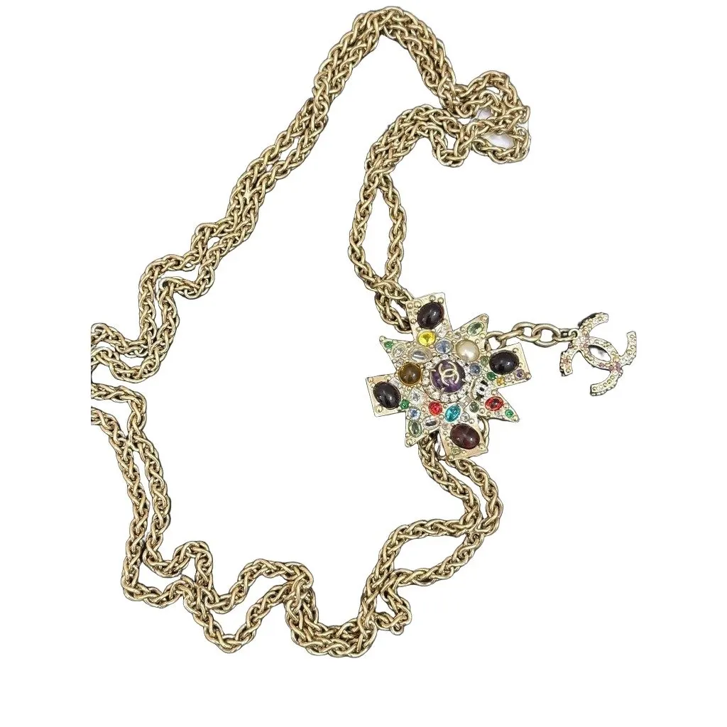 Chanel 11P Multicolor Maltese Cross Necklace - 2011 Collection Pre-owned Gold Lace Good - Front View