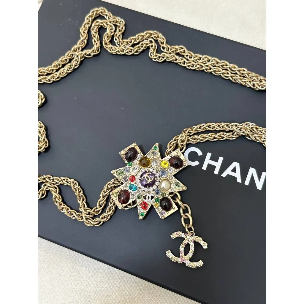Chanel 11P Multicolor Maltese Cross Necklace - 2011 Collection Pre-owned Gold Lace Good - Back View