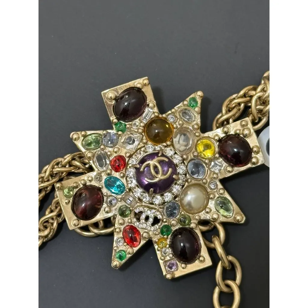 Chanel 11P Multicolor Maltese Cross Necklace - 2011 Collection Pre-owned Gold Lace Good - Inside View