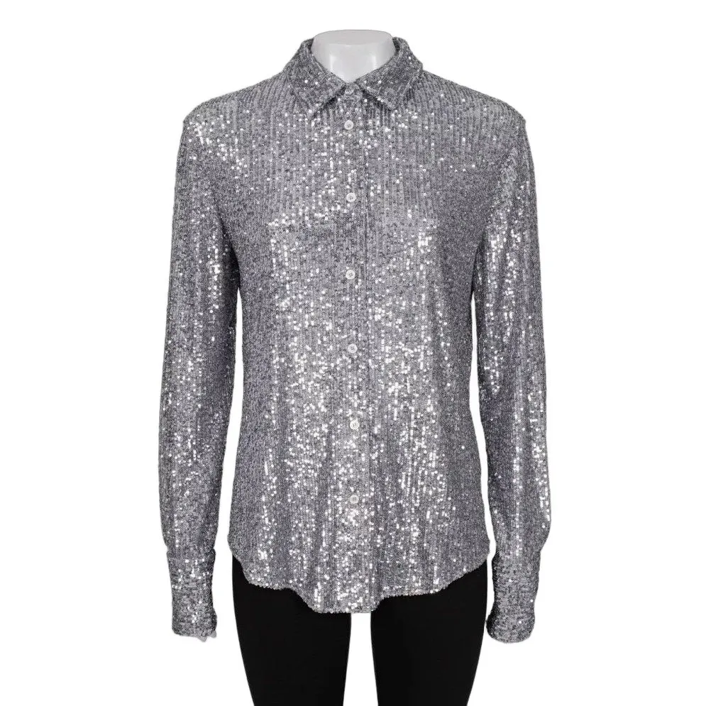 Tom Ford SS22 Silver Sequin Blouse Sz.42 Pre-owned Silver Polyester Good - Front View