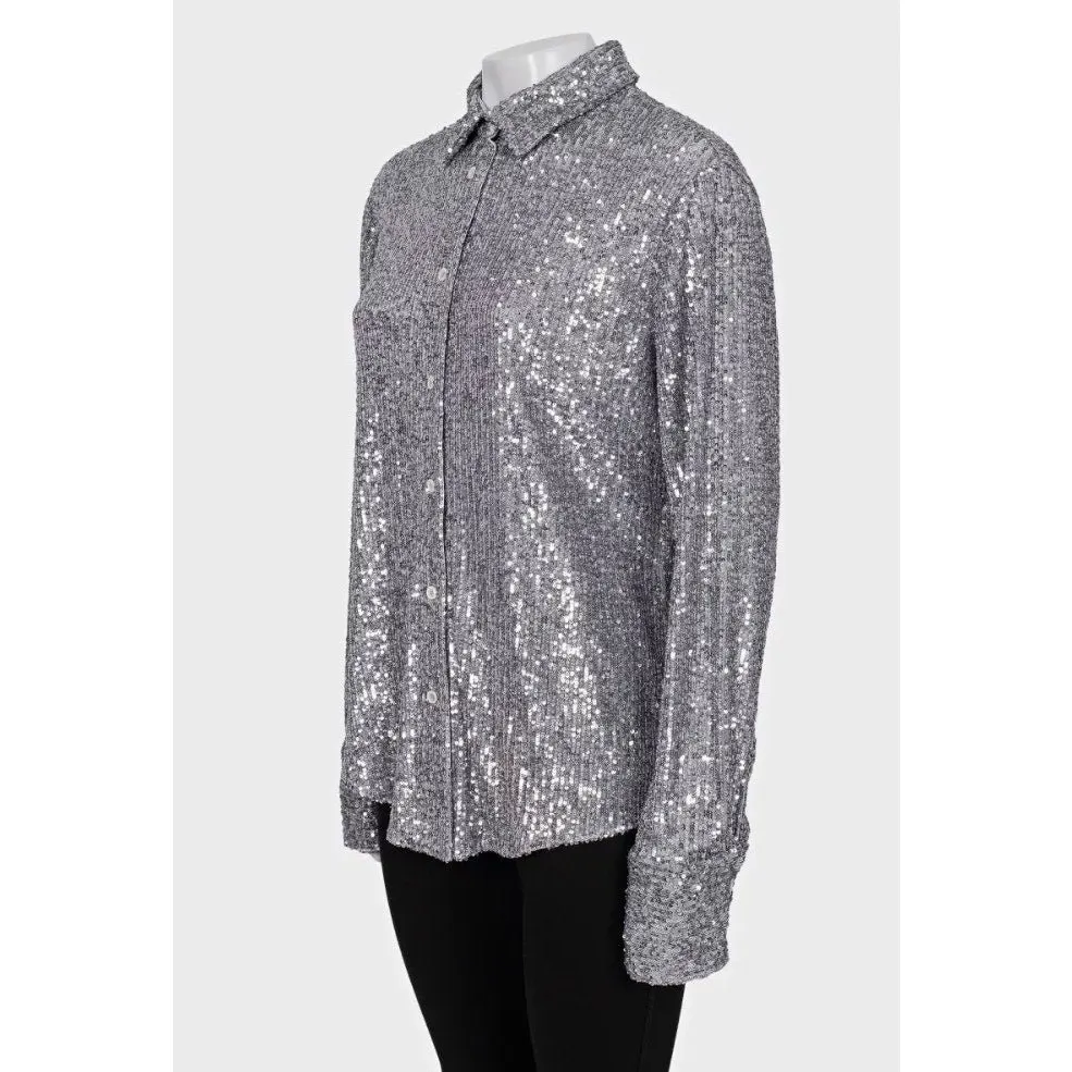 Tom Ford SS22 Silver Sequin Blouse Sz.42 Pre-owned Silver Polyester Good - Back View