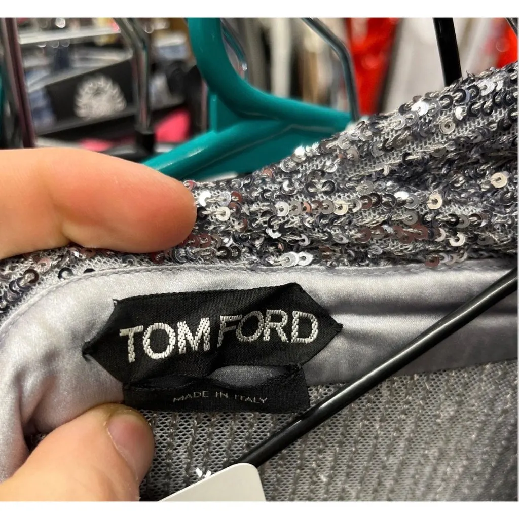 Tom Ford SS22 Silver Sequin Blouse Sz.42 Pre-owned Silver Polyester Good - Box View