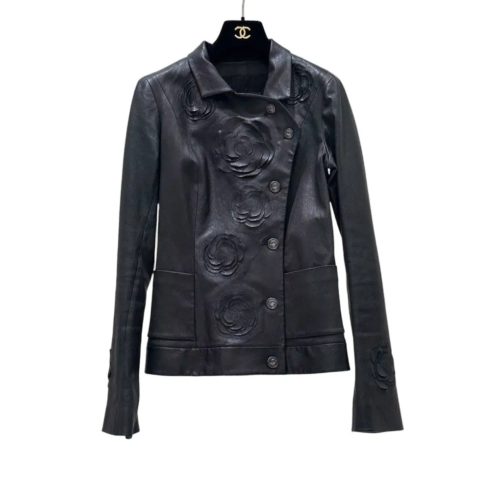 Chanel Black Lambskin Camellia Métiers d’art 2008/09 Jacket FR 36 Pre-owned Camel Leather Good - Front View