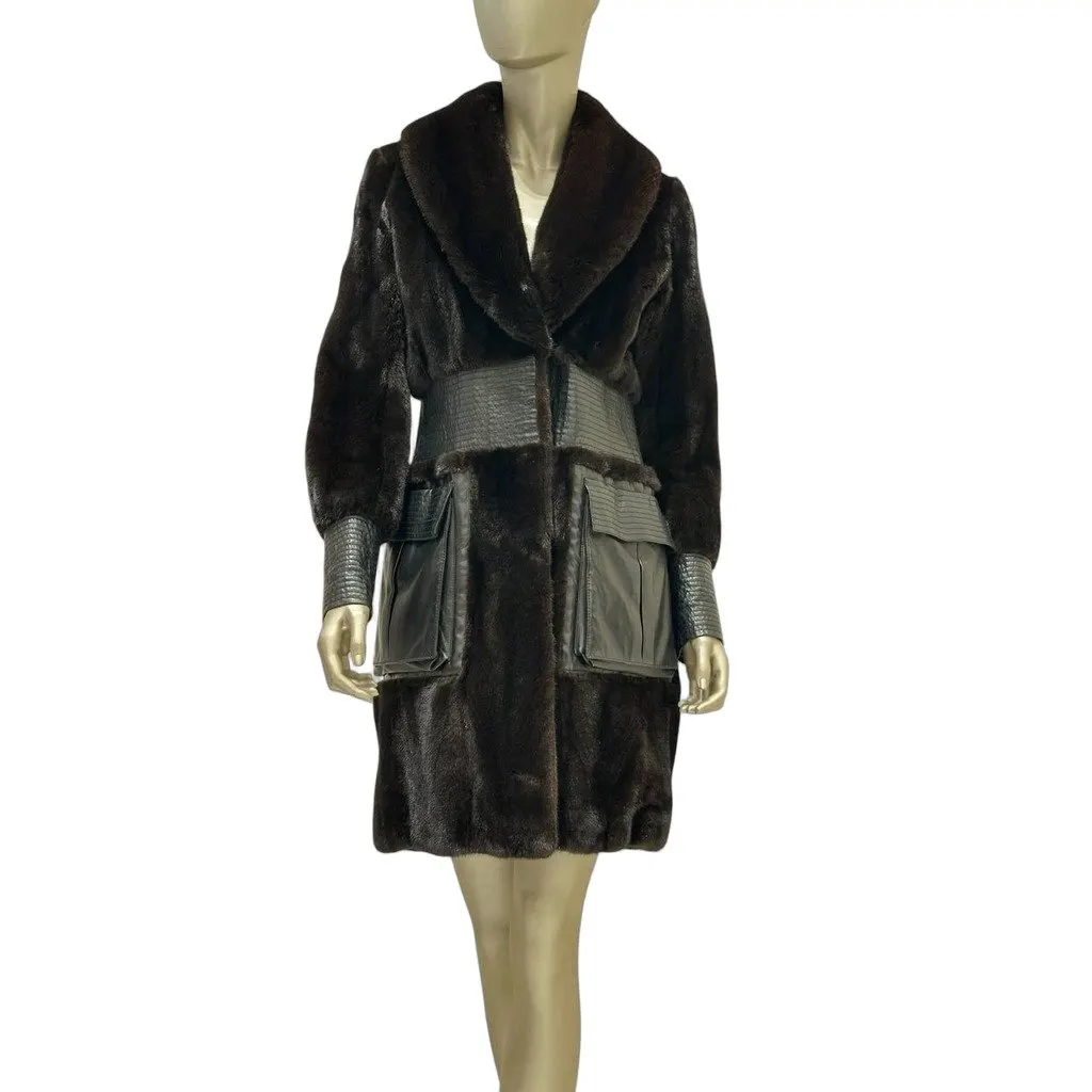 Unsigned Christian Dior Vintage Mink Fur Coat Sz.38 Pre-owned Brown Leather Good - Front View