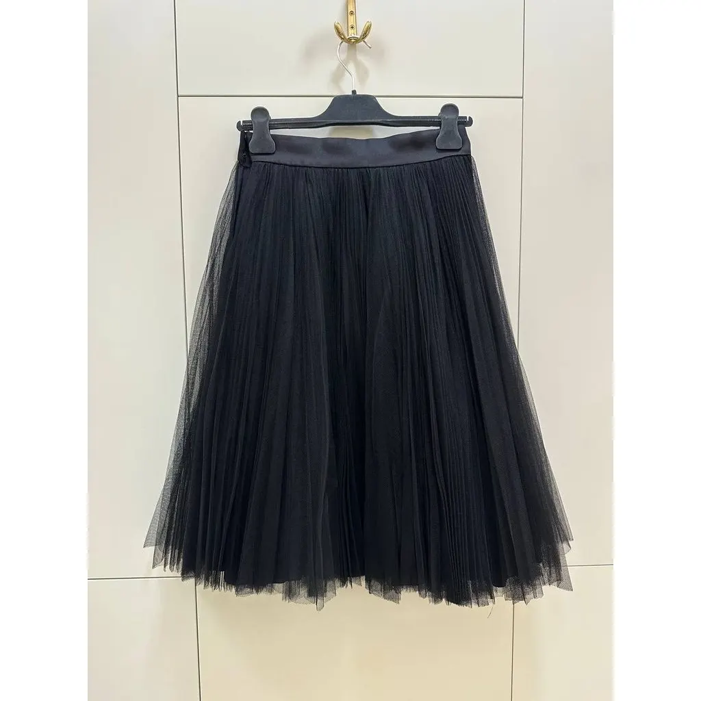 Unsigned Christian Dior Black Pleated Midi Skirt Sz.38 Pre-owned Black Satin Good - Inside View