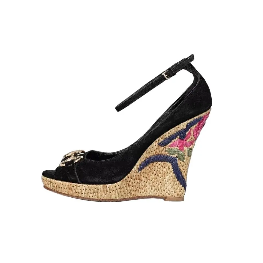 Gucci Black Suede Horsebit Wedge Sandals EU 37.5 Pre-owned