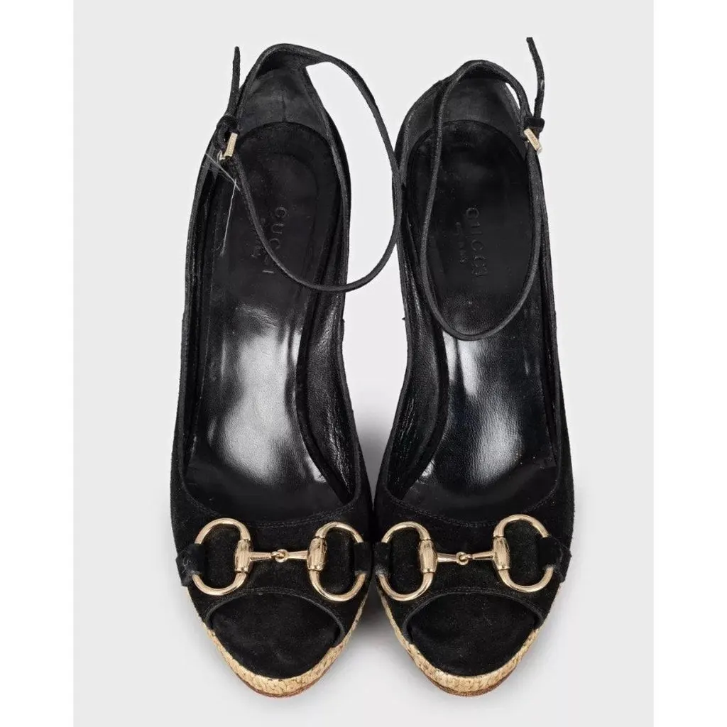 Gucci Black Suede Horsebit Wedge Sandals EU 37.5 Pre-owned Black Suede Good - Back View