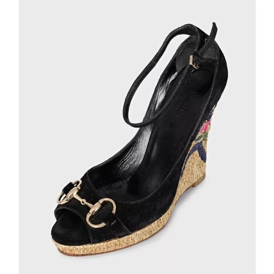 Gucci Black Suede Horsebit Wedge Sandals EU 37.5 Pre-owned Black Suede Good - Inside View