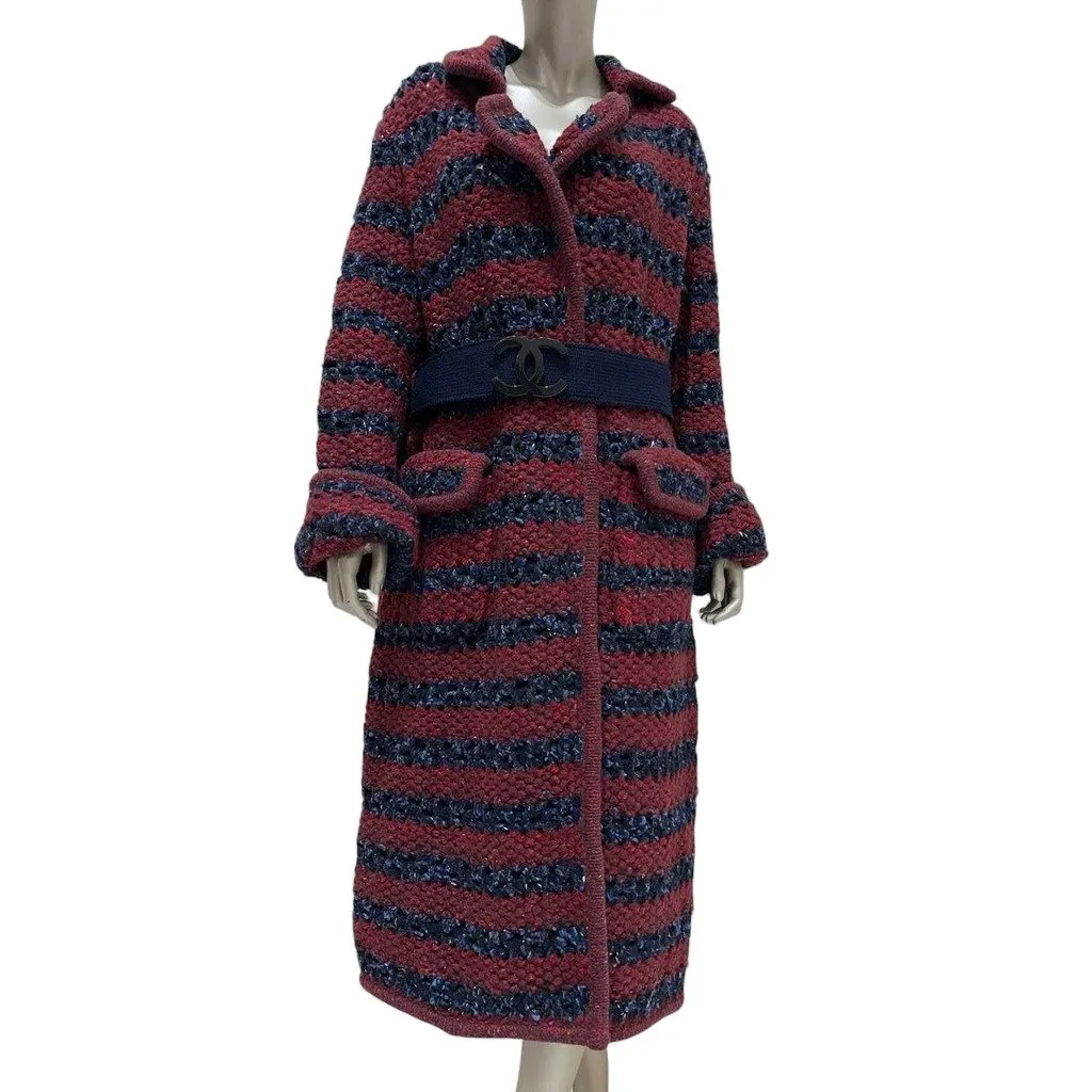 Chanel 2017 Bouclé Striped Coat with CC Buckle Sz.44 Pre-owned Burgundy Wool Good - Front View