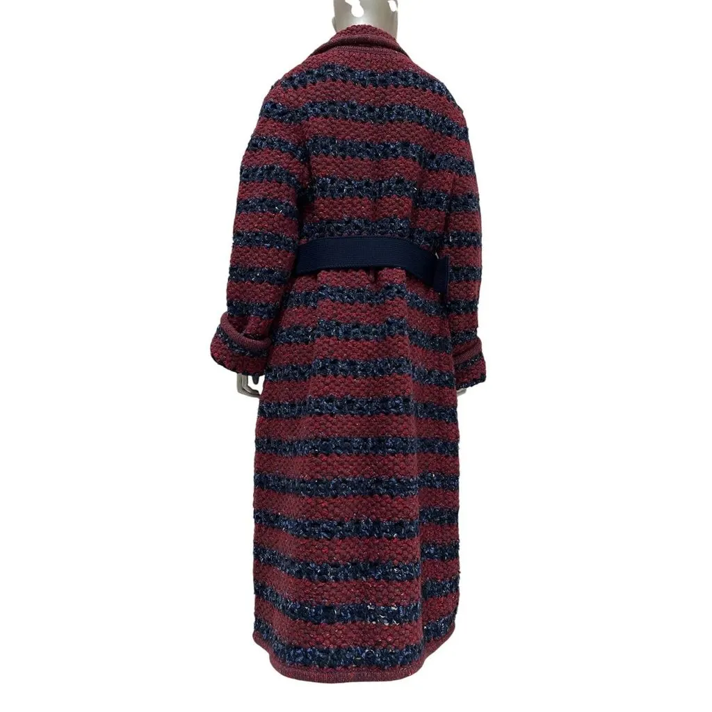 Chanel 2017 Bouclé Striped Coat with CC Buckle Sz.44 Pre-owned Burgundy Wool Good - Back View