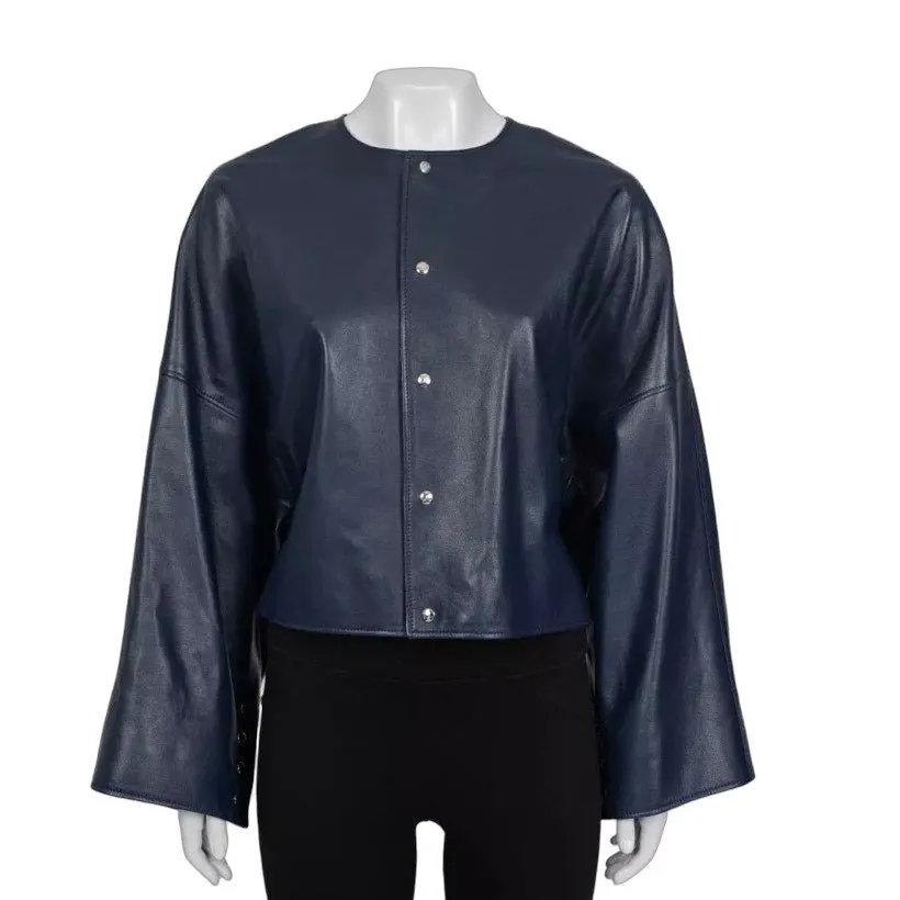 Celine NWT Celine Blue Lambskin Leather Cropped Jacket Sz.38/M Pre-owned Blue Leather Never worn, with tag - Front View