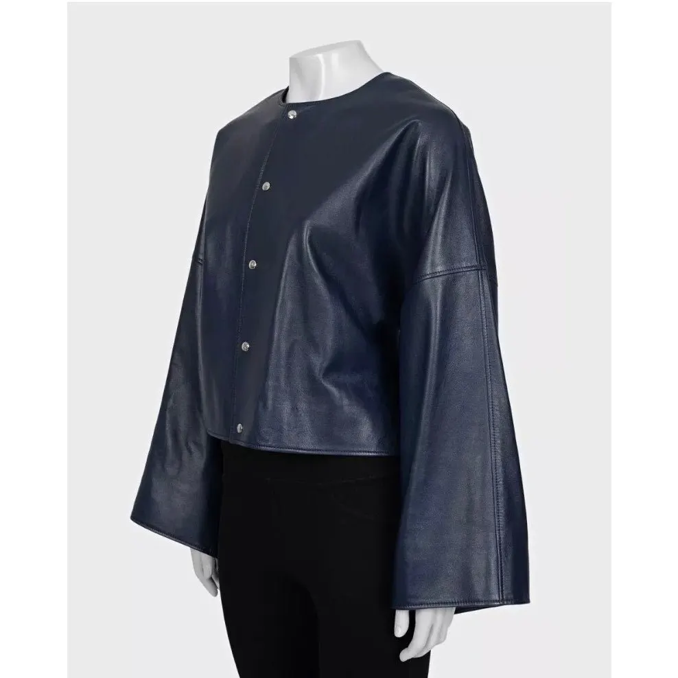 Celine NWT Celine Blue Lambskin Leather Cropped Jacket Sz.38/M Pre-owned Blue Leather Never worn, with tag - Back View