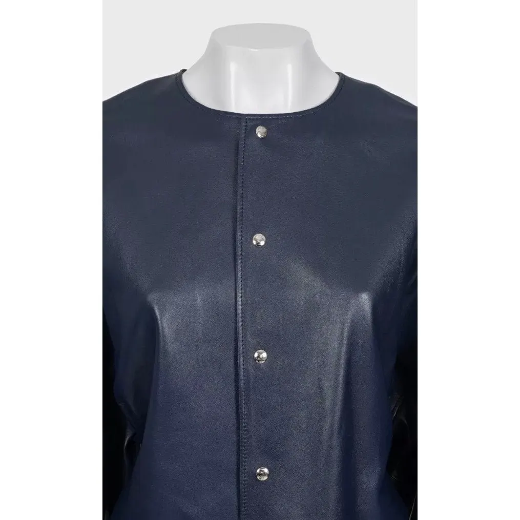 Celine NWT Celine Blue Lambskin Leather Cropped Jacket Sz.38/M Pre-owned Blue Leather Never worn, with tag - Model View