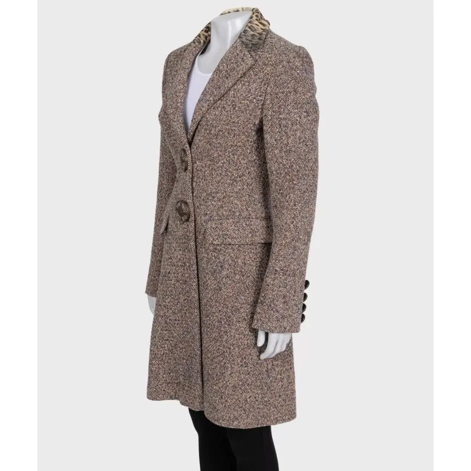 Just Cavalli Brown Wool Blend Coat with Animal Print Collar Sz.40 Pre-owned Brown Wool Good - Back View