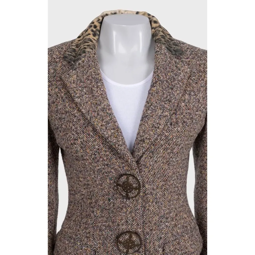 Just Cavalli Brown Wool Blend Coat with Animal Print Collar Sz.40 Pre-owned Brown Wool Good - Model View