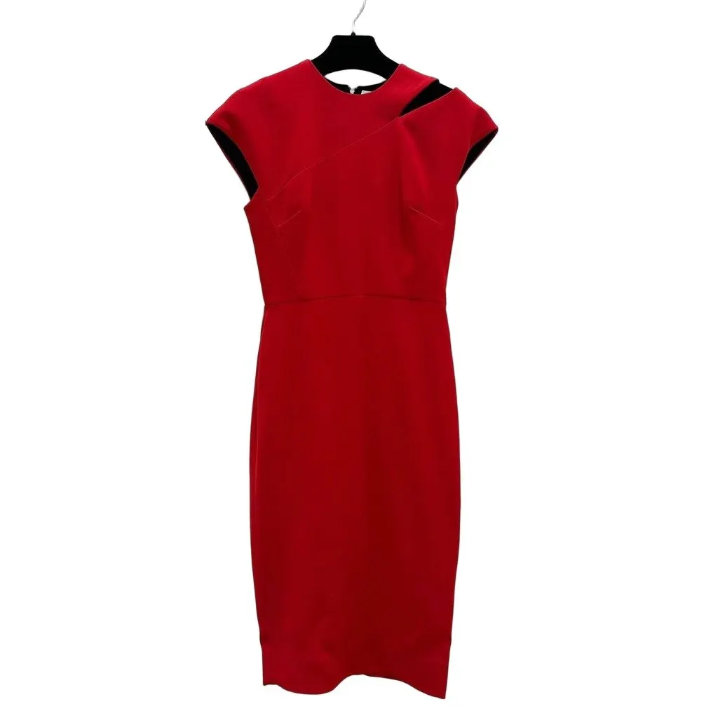 Victoria Beckham Red Silk Wool Asymmetric Midi Dress Sz38/US 6 Pre-owned