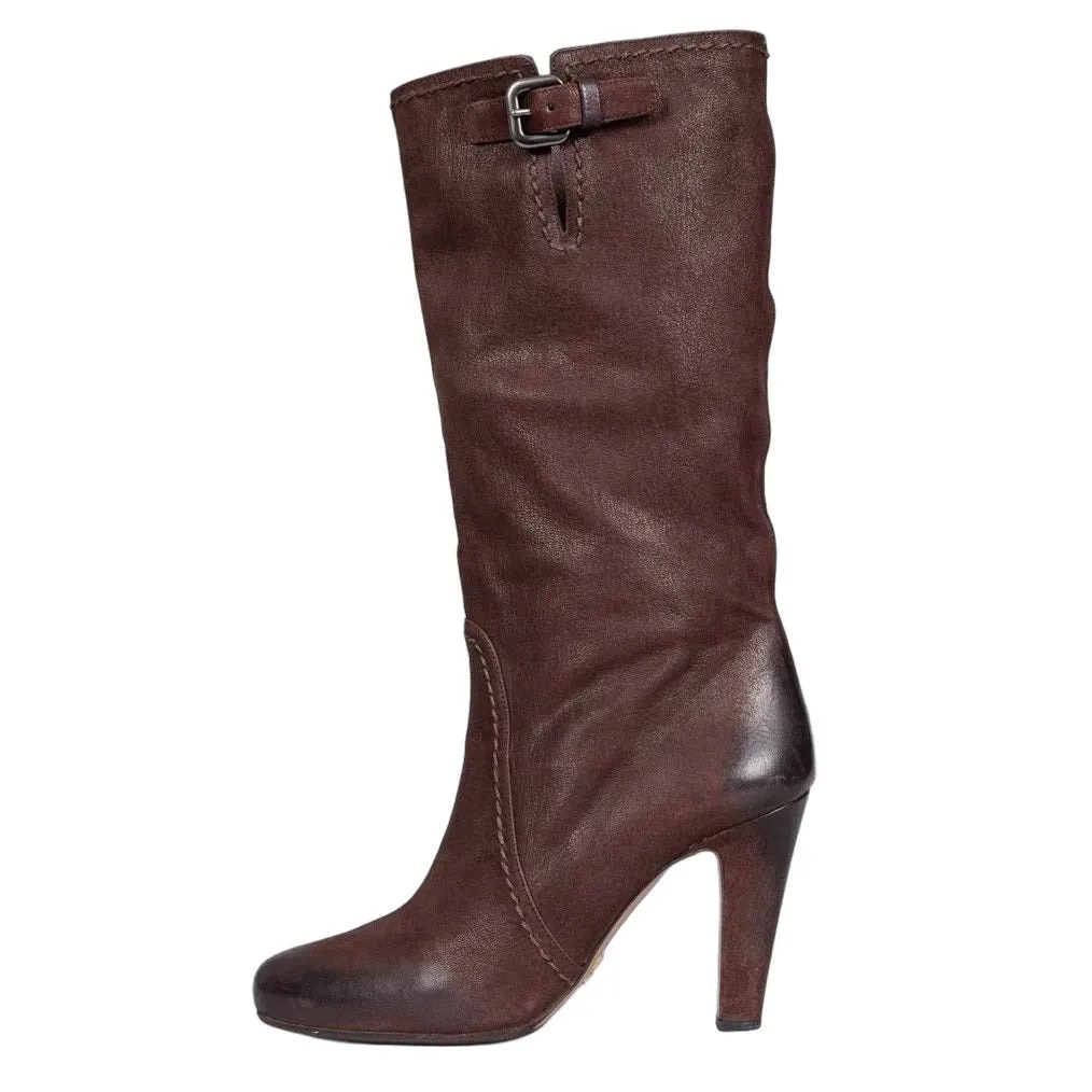 Prada بني جلد Block كعب Pull على بوت Sz.39 مستعملة