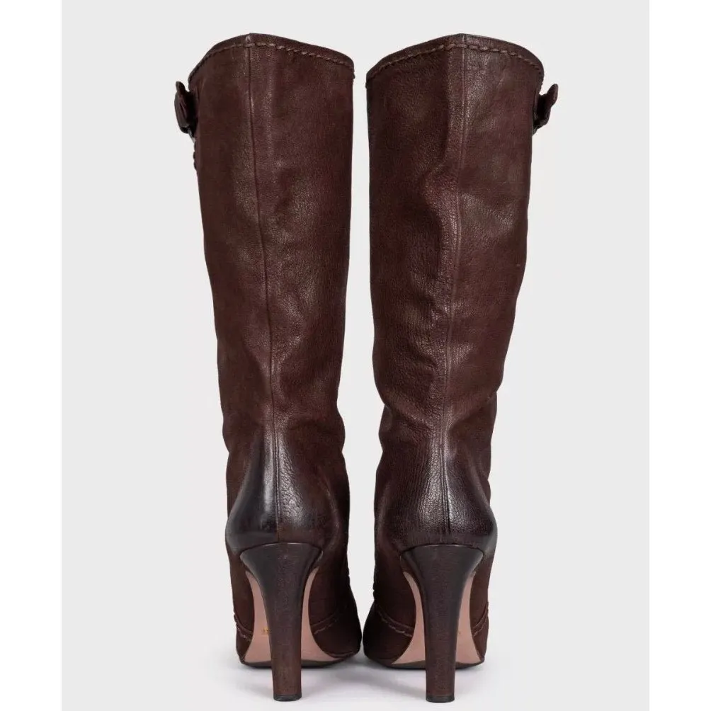 Prada Brown Leather Block Heel Pull-On Boots Sz.39 Pre-owned Brown Leather Good - Model View