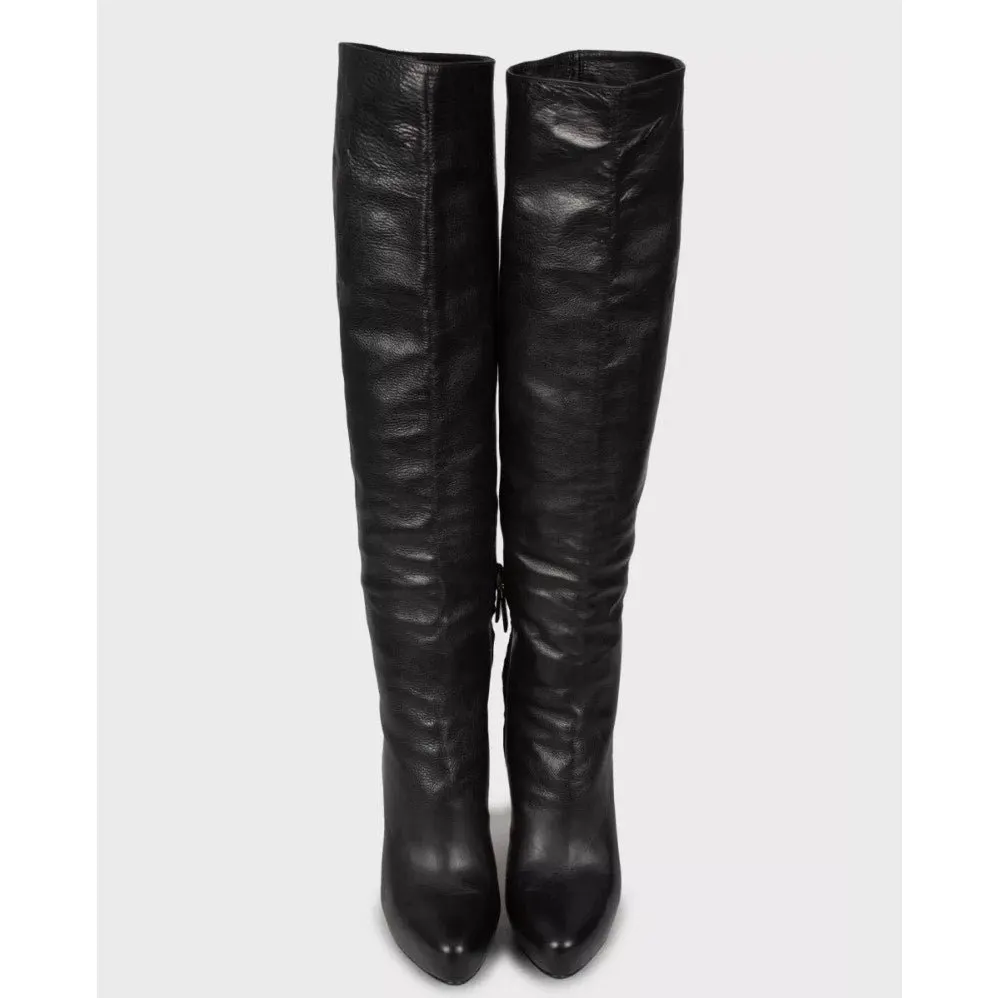 Prada Black Leather Pointed Toe High Heel Boots Sz.38 Pre-owned Black Leather Good - Back View