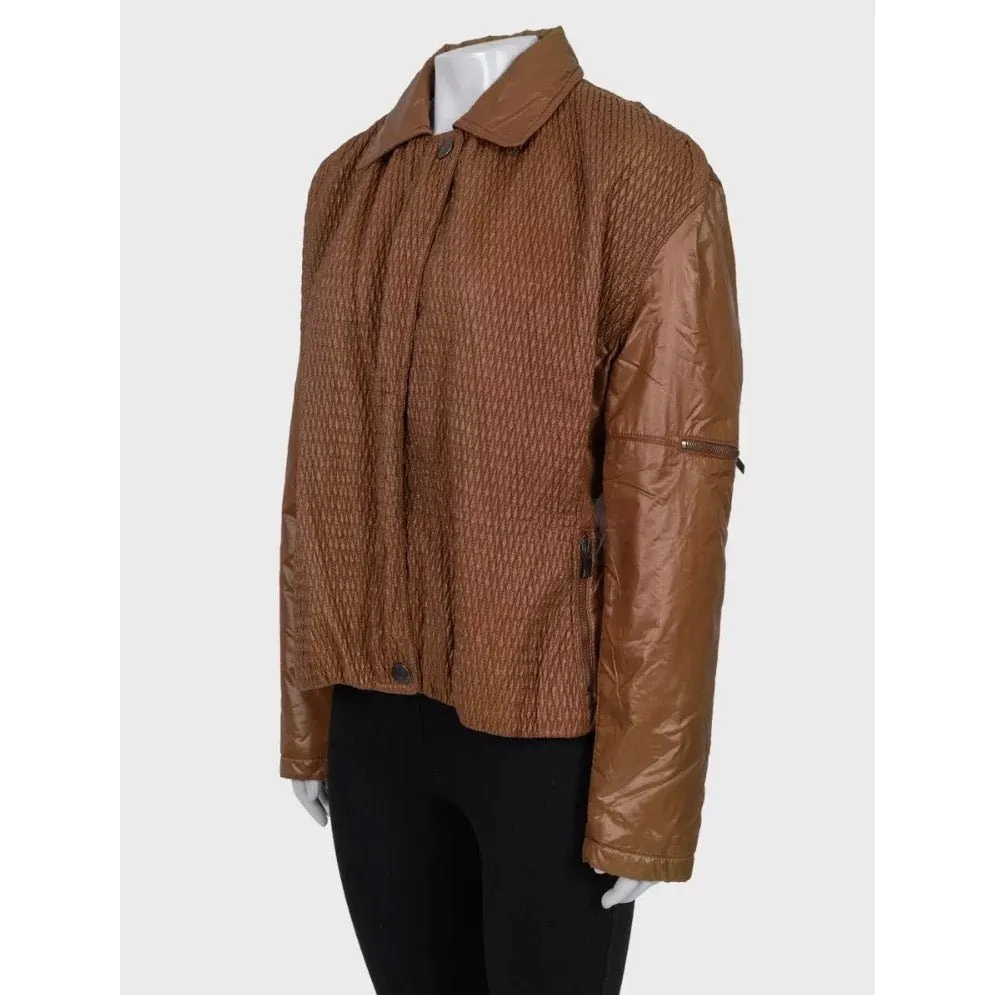 Roberto Cavalli Quilted Brown Zip-Up Jacket Sz.44 Pre-owned Brown Polyamide Good - Back View