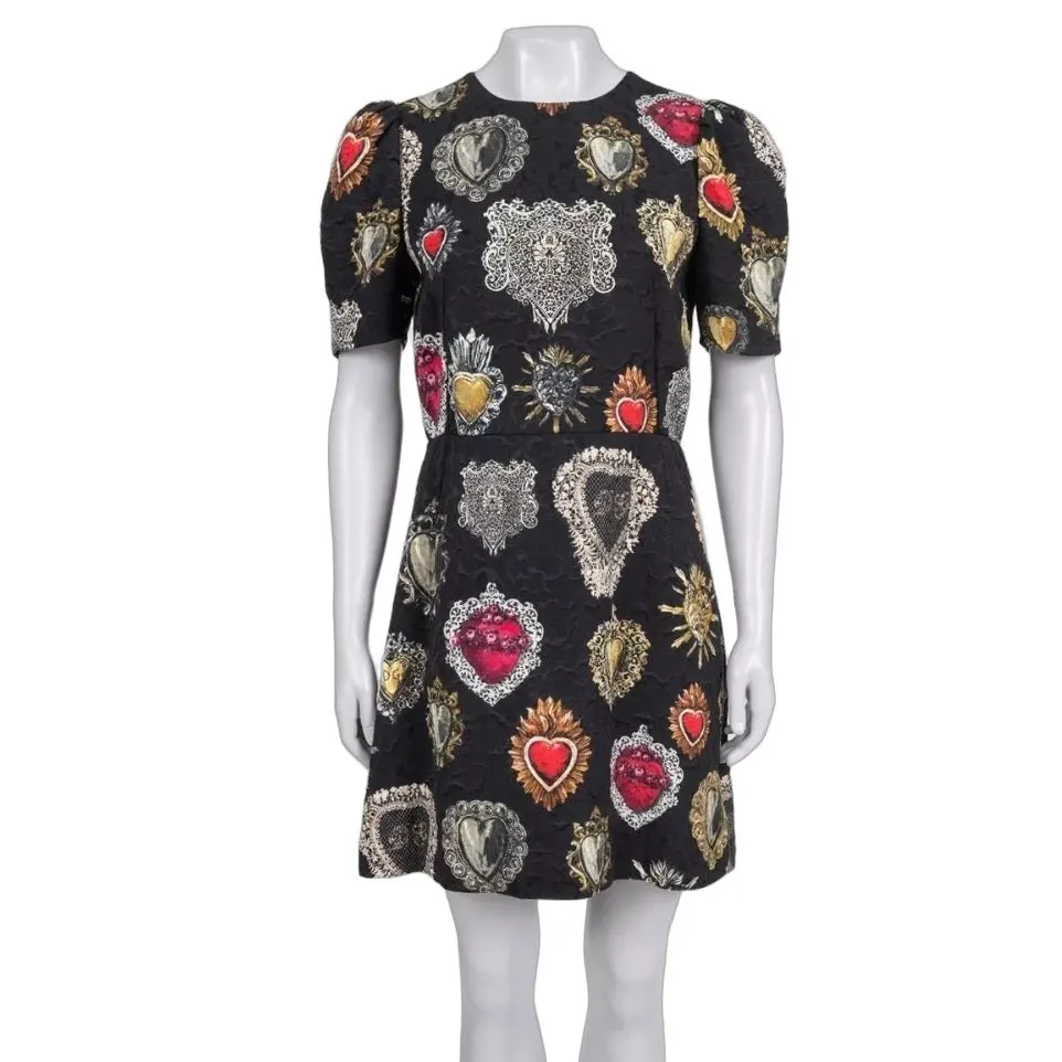 Dolce & Gabbana Black Printed Silk-Blend Lined Dress - Size L Pre-owned Black Silk Good - Front View