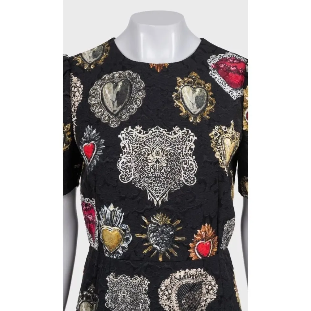 Dolce & Gabbana Black Printed Silk-Blend Lined Dress - Size L Pre-owned Black Silk Good - Model View