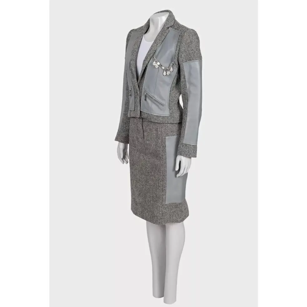 Dior Gray Wool Silk Skirt Suit Sz.38 Pre-owned Grey Wool Good - Back View