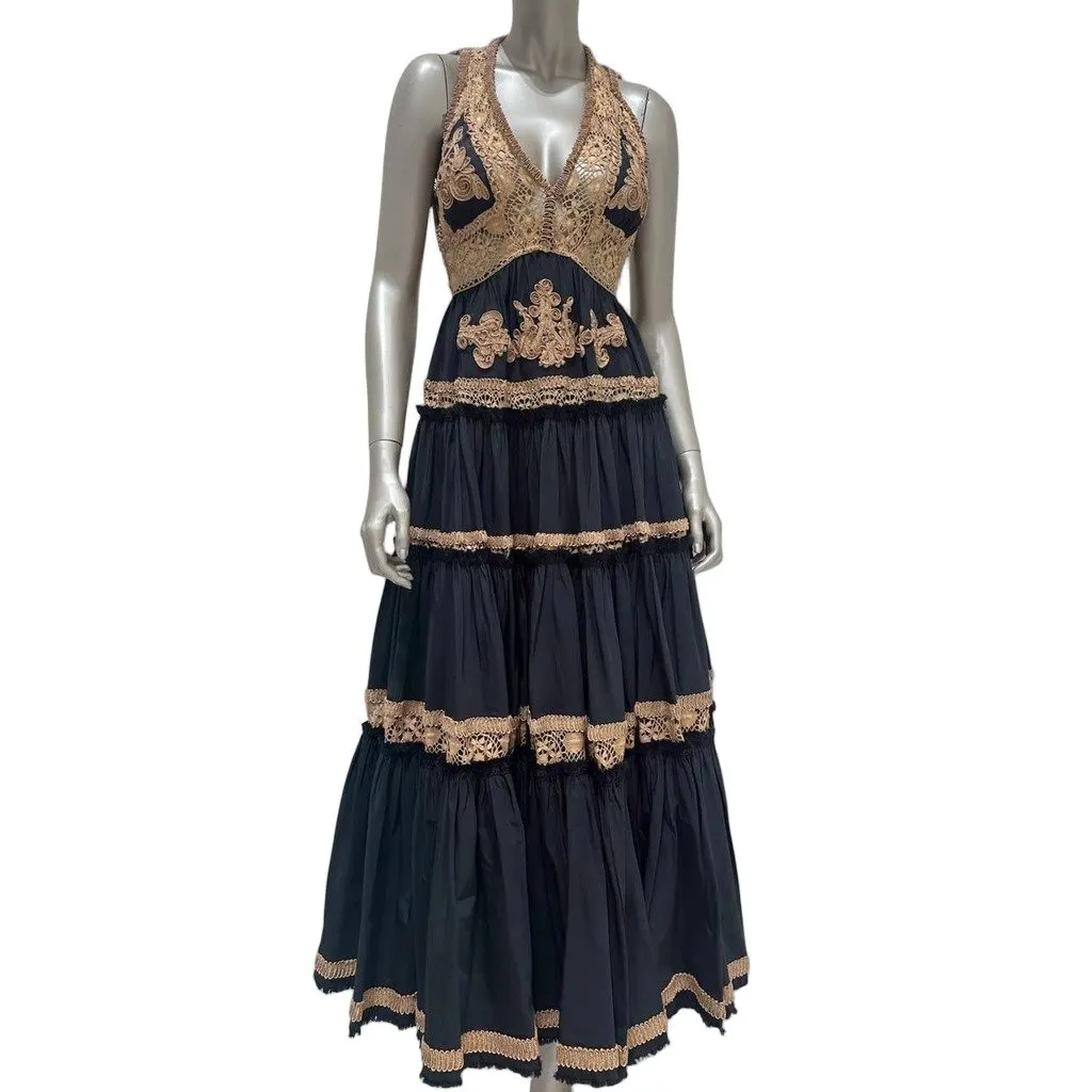 Jean Paul Gaultier Vintage S/S 2006 Runway Black Gold Halterneck Dress Sz.40 Pre-owned Black Lace Good - Front View