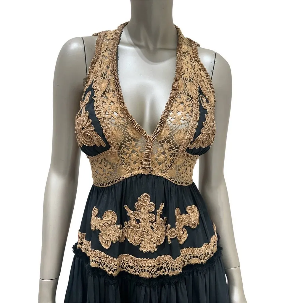 Jean Paul Gaultier Vintage S/S 2006 Runway Black Gold Halterneck Dress Sz.40 Pre-owned Black Lace Good - Box View