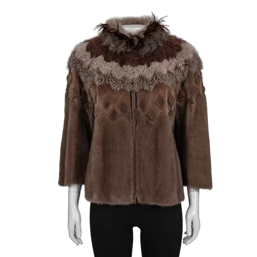Brunello Cucinelli Fur Jacket IT 44 (L) Brown Silk Good - Front View
