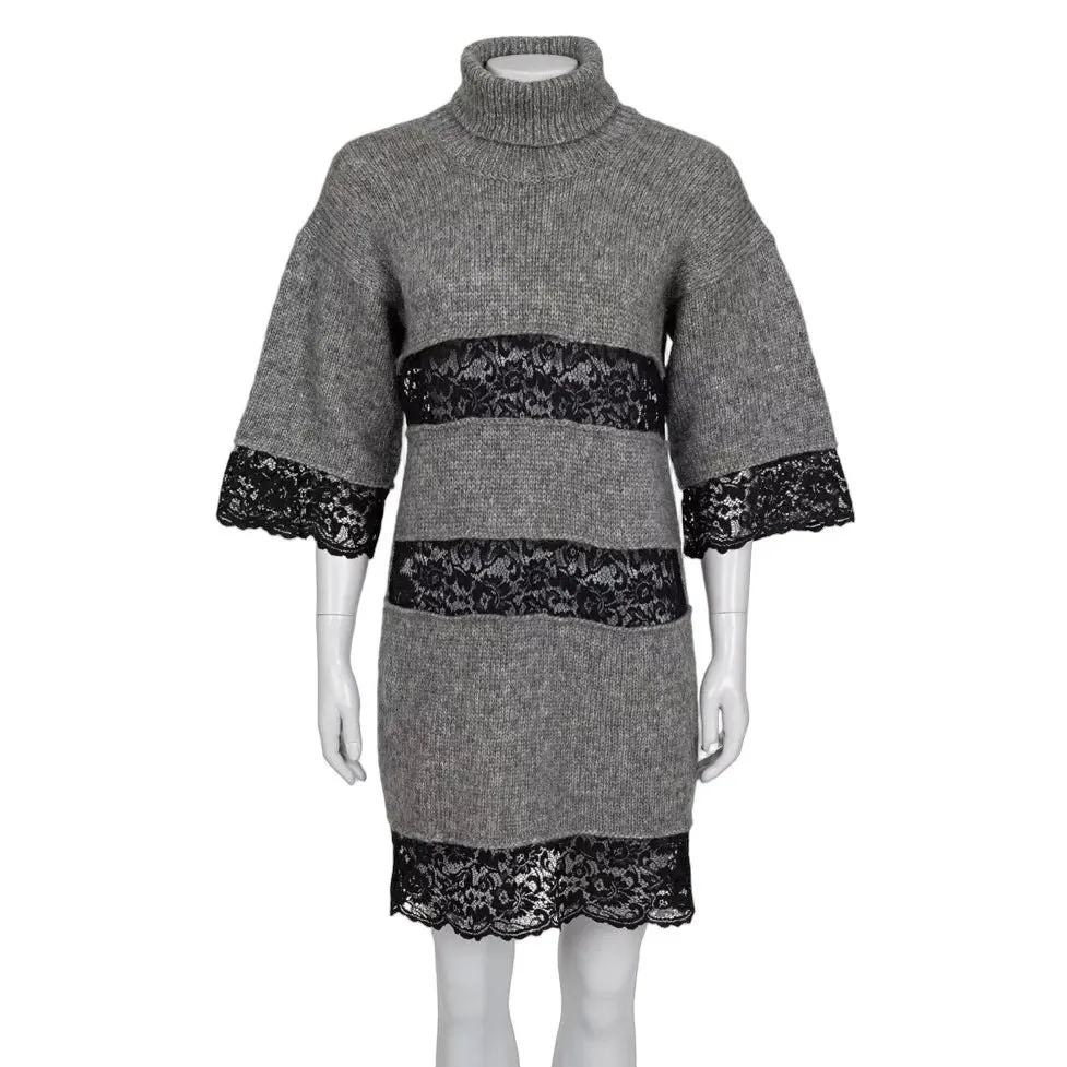 Dolce & Gabbana Mohair Knit Dress with Delicate Lace sz. 42 Pre-owned Grey Lace Good - Front View