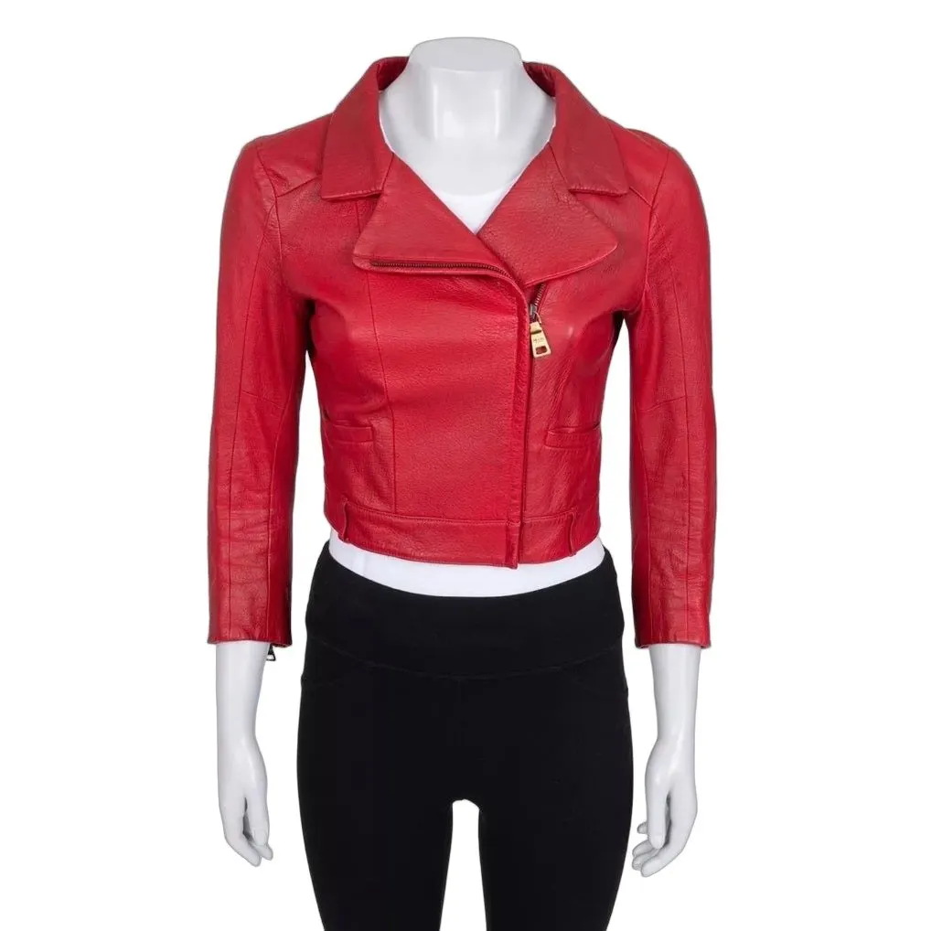 Prada Red Lambskin Cropped Jacket w/ Gold Hardware Sz.42 Pre-owned Red Leather Good - Front View