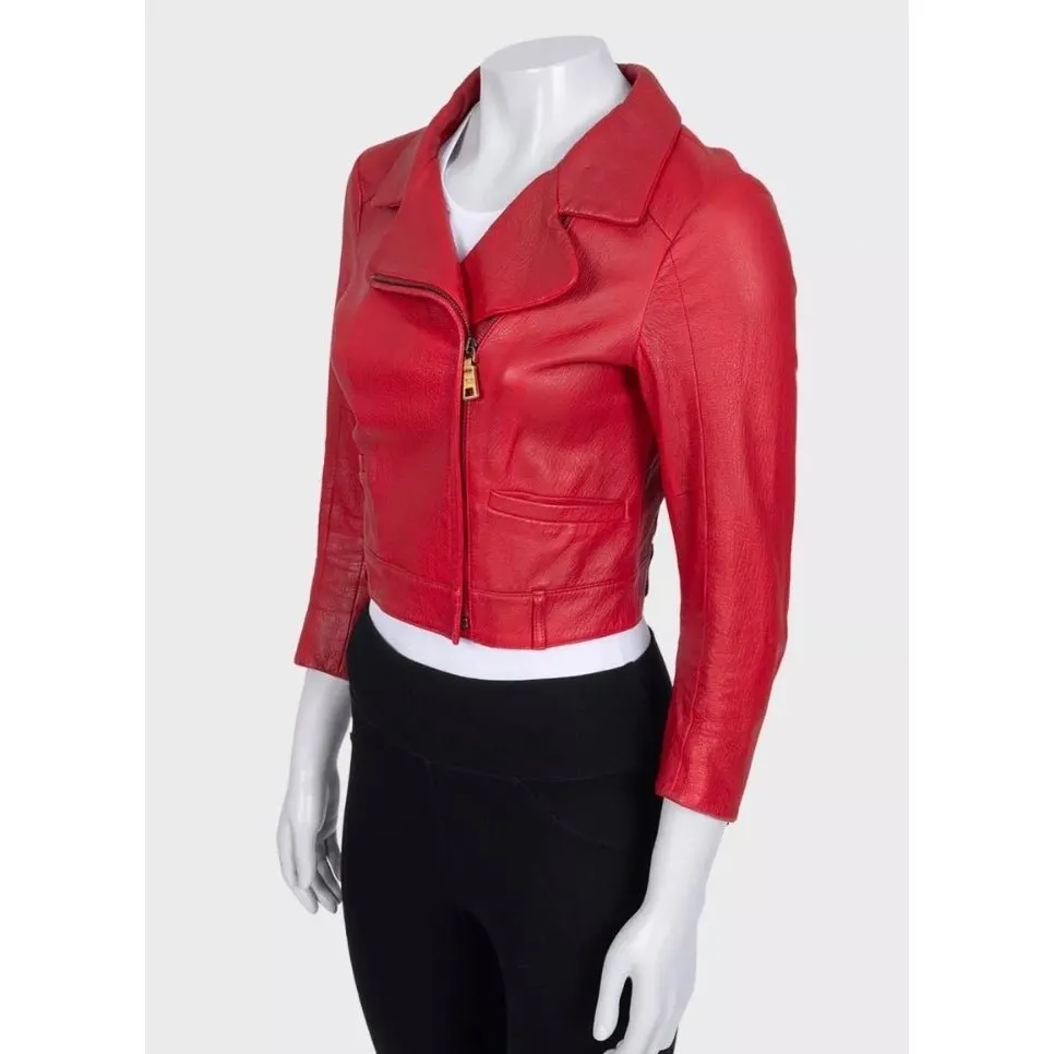 Prada Red Lambskin Cropped Jacket w/ Gold Hardware Sz.42 Pre-owned Red Leather Good - Back View