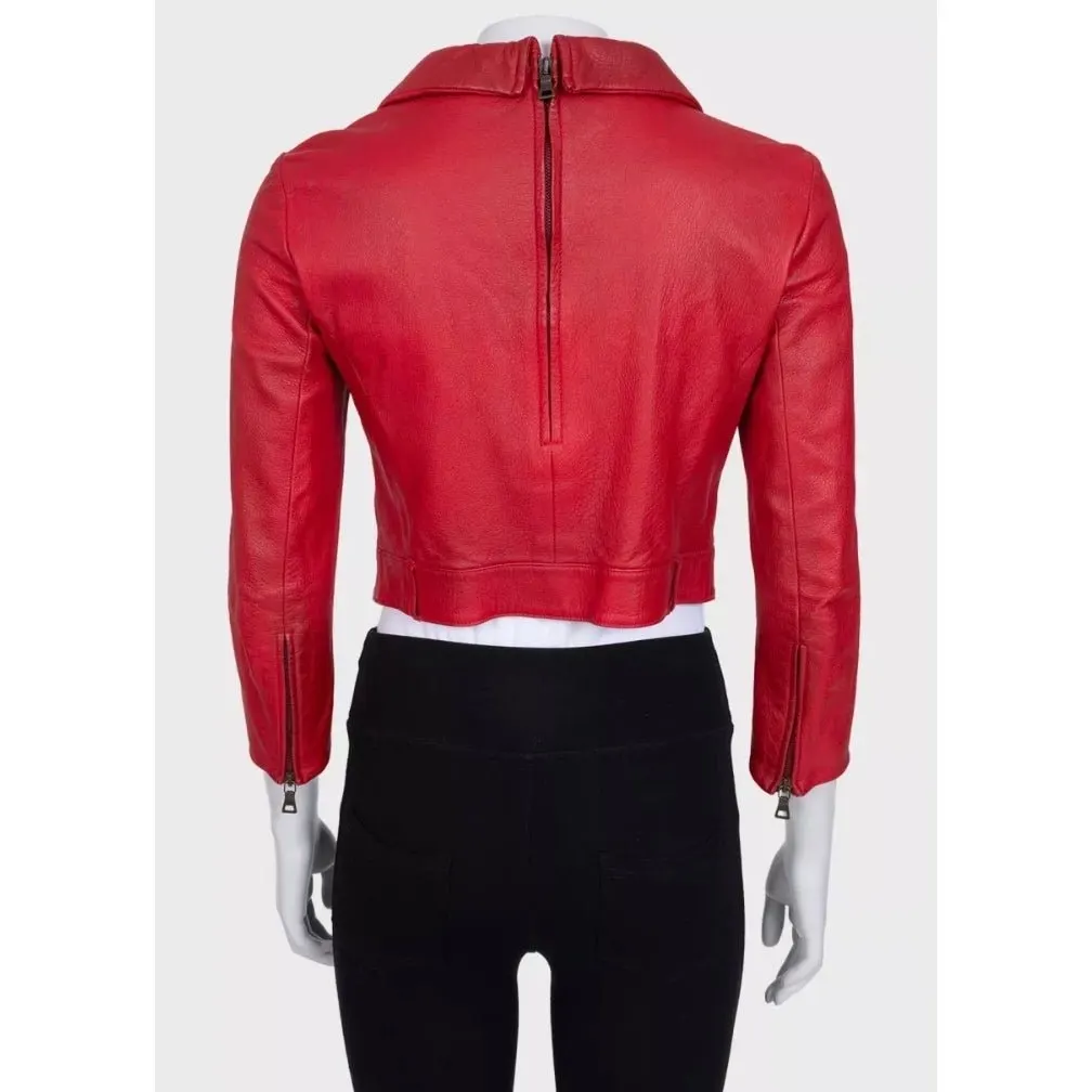 Prada Red Lambskin Cropped Jacket w/ Gold Hardware Sz.42 Pre-owned Red Leather Good - Inside View