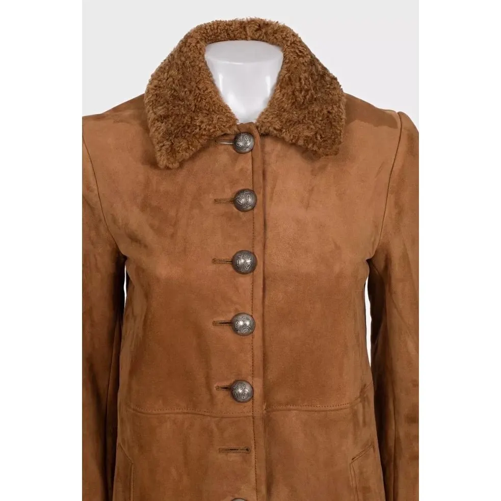 Gucci NWOT Gucci Brown Suede Shearling Lined Coat IT 42 Pre-owned Brown Suede Never worn - Model View