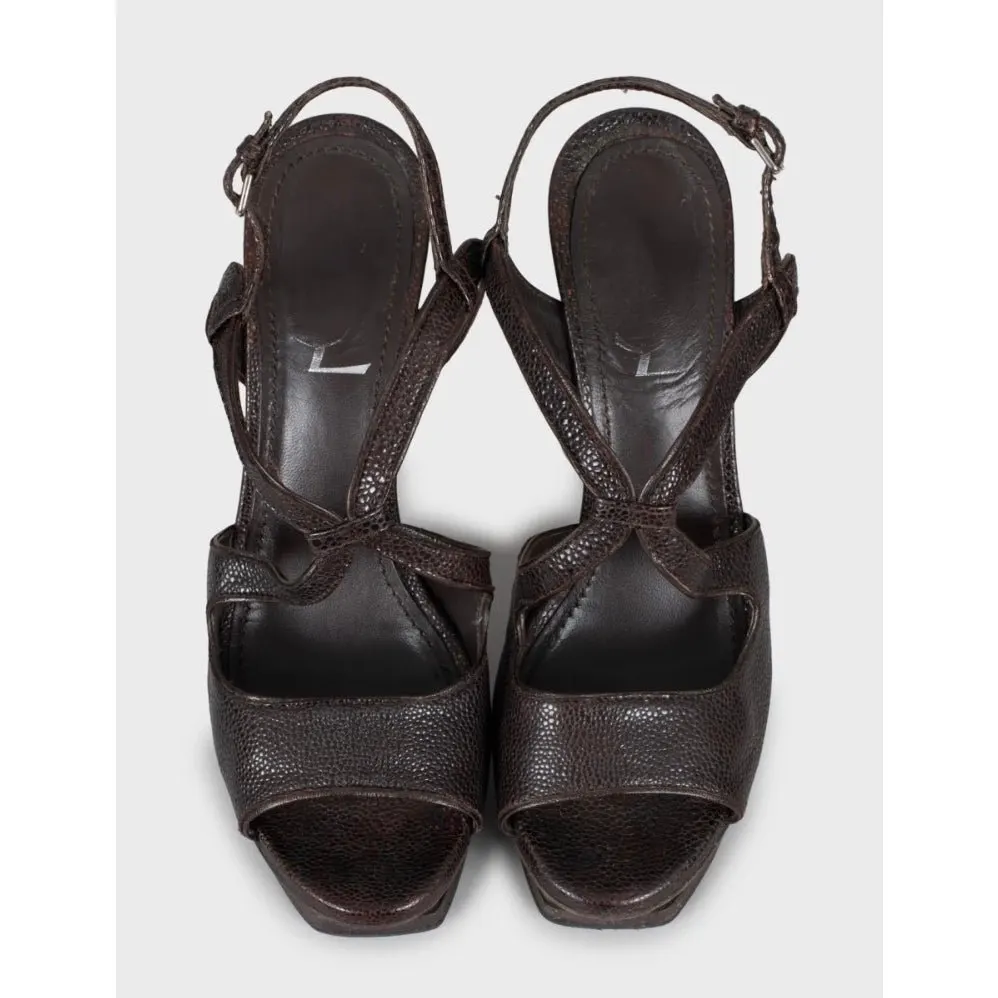Saint Laurent Vintage Saint Laurent Brown Embossed Leather Wedge Sandals Sz.37 Pre-owned Brown Leather Good - Back View