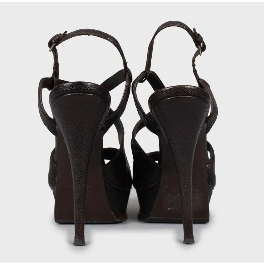 Saint Laurent Vintage Saint Laurent Brown Embossed Leather Wedge Sandals Sz.37 Pre-owned Brown Leather Good - Model View