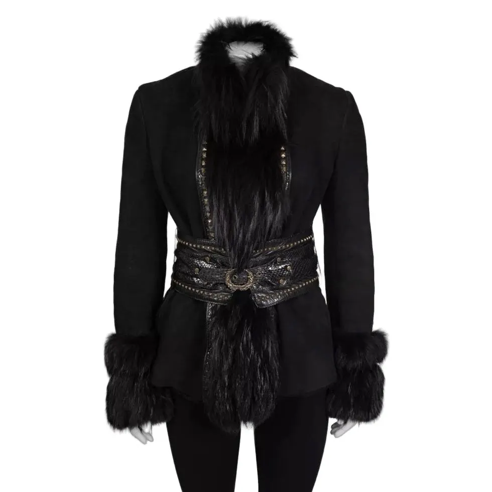 Roberto Cavalli Black Leather Shearling Jacket Fox Fur Trim IT 42 M Pre-owned