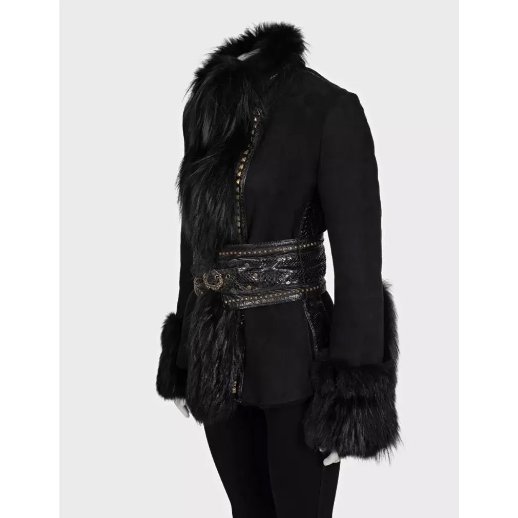 Roberto Cavalli Black Leather Shearling Jacket Fox Fur Trim IT 42 M Pre-owned Black Leather Good - Back View