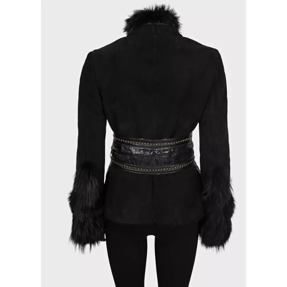 Roberto Cavalli Black Leather Shearling Jacket Fox Fur Trim IT 42 M Pre-owned Black Leather Good - Inside View