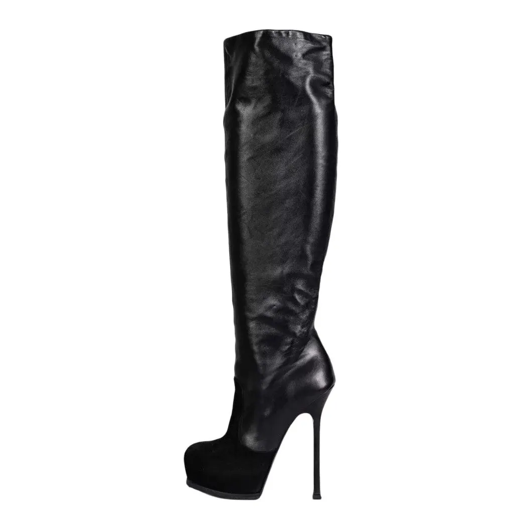 Saint Laurent Black Leather Suede Knee-High Stiletto Boots Sz.39 Pre-owned