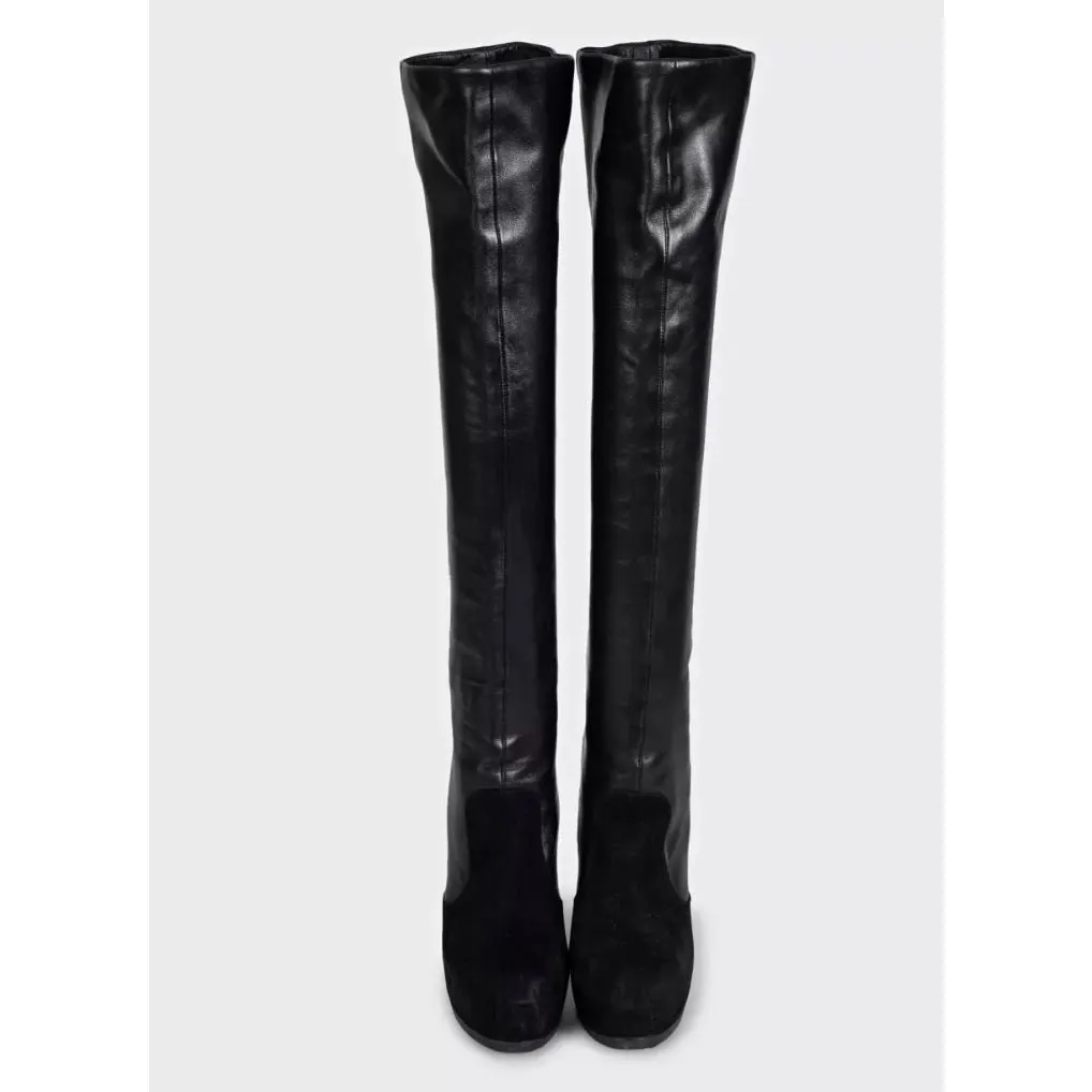 Saint Laurent Black Leather Suede Knee-High Stiletto Boots Sz.39 Pre-owned Black Leather Good - Back View