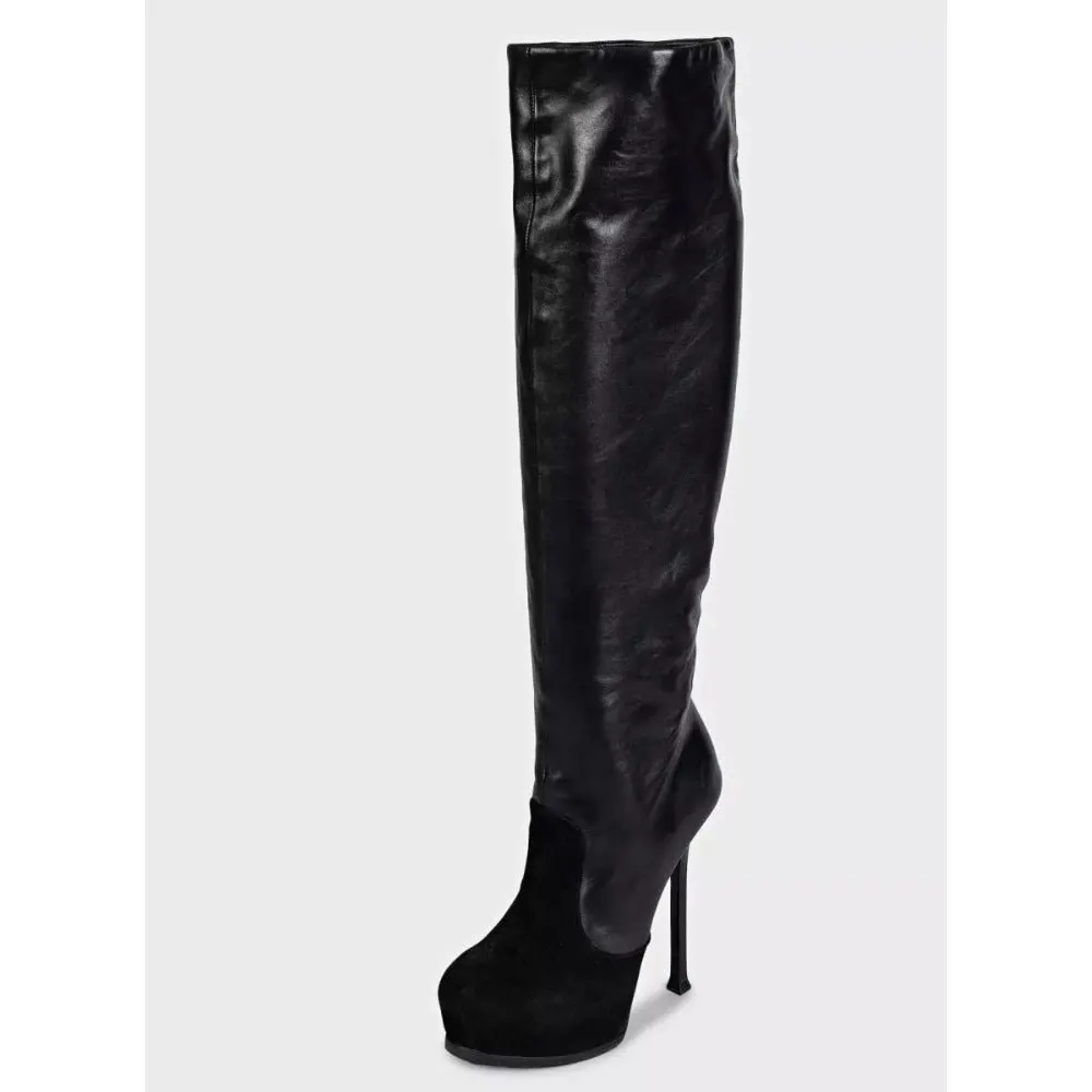Saint Laurent Black Leather Suede Knee-High Stiletto Boots Sz.39 Pre-owned Black Leather Good - Inside View