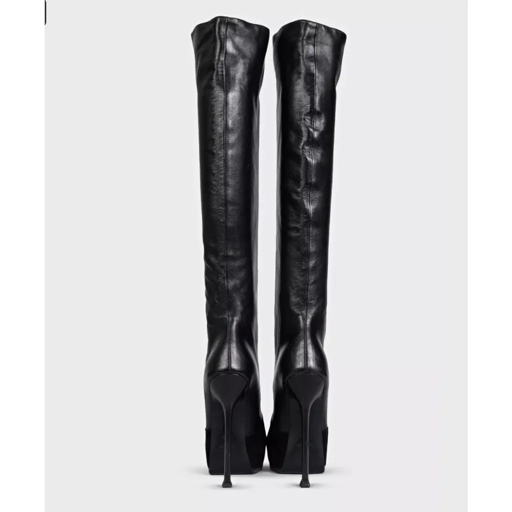 Saint Laurent Black Leather Suede Knee-High Stiletto Boots Sz.39 Pre-owned Black Leather Good - Model View