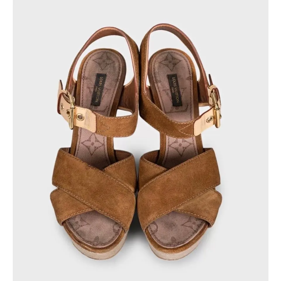 Louis Vuitton Brown Suede Monogram Platform Sandals EU 41 Pre-owned Brown Suede Good - Back View