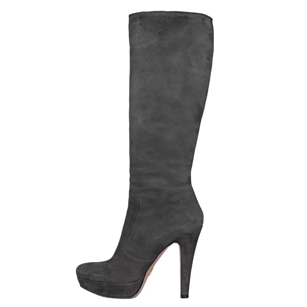Prada Grey Suede Knee-High Boots - Pointed Toe Stiletto EU 40 Pre-owned