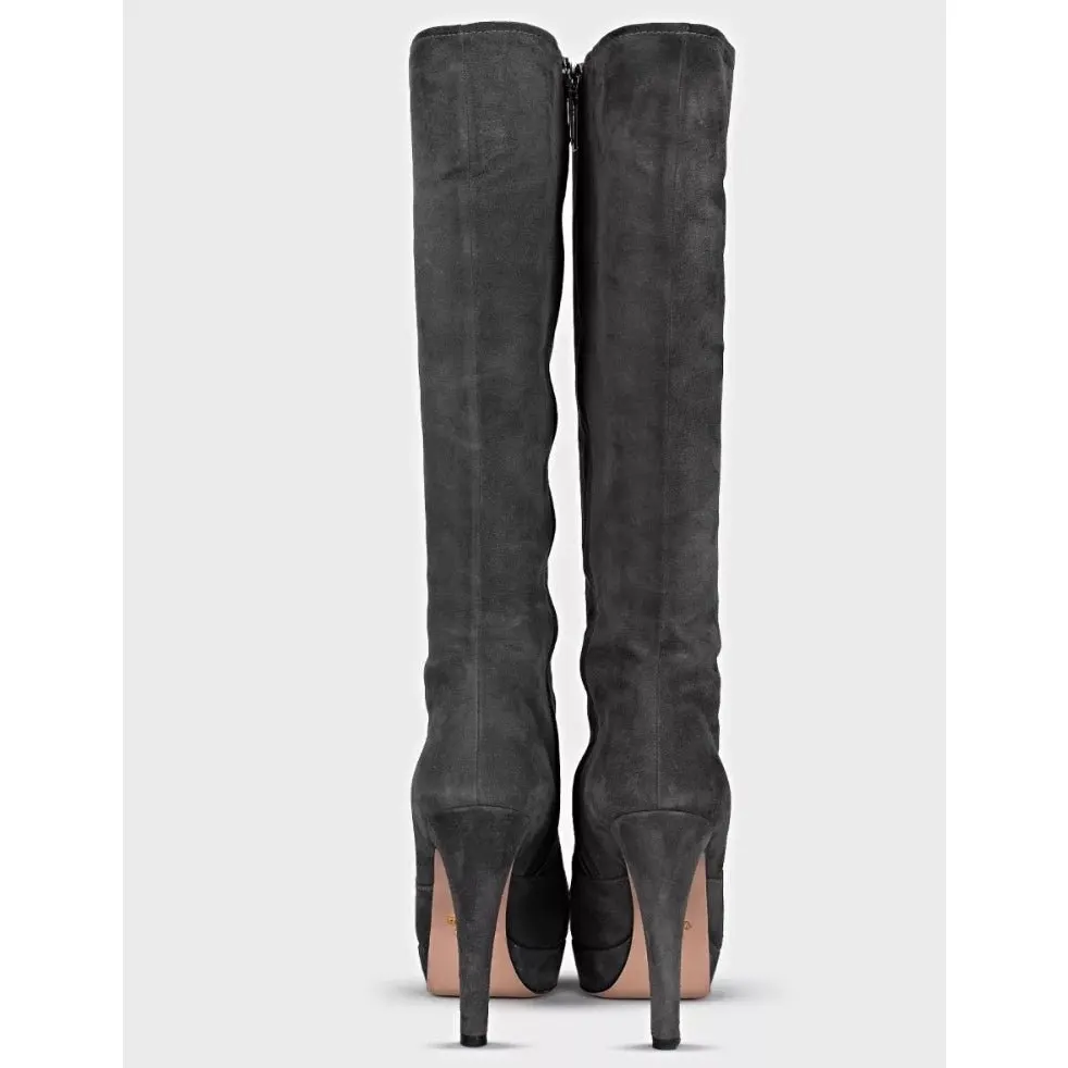 Prada Grey Suede Knee-High Boots - Pointed Toe Stiletto EU 40 Pre-owned Grey Suede Good - Model View