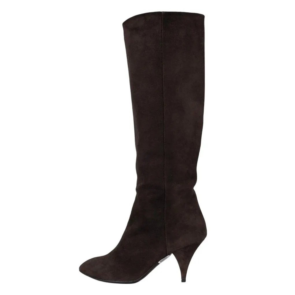 Saint Laurent Brown Suede Wedge Knee-High Boots Sz.38 Pre-owned
