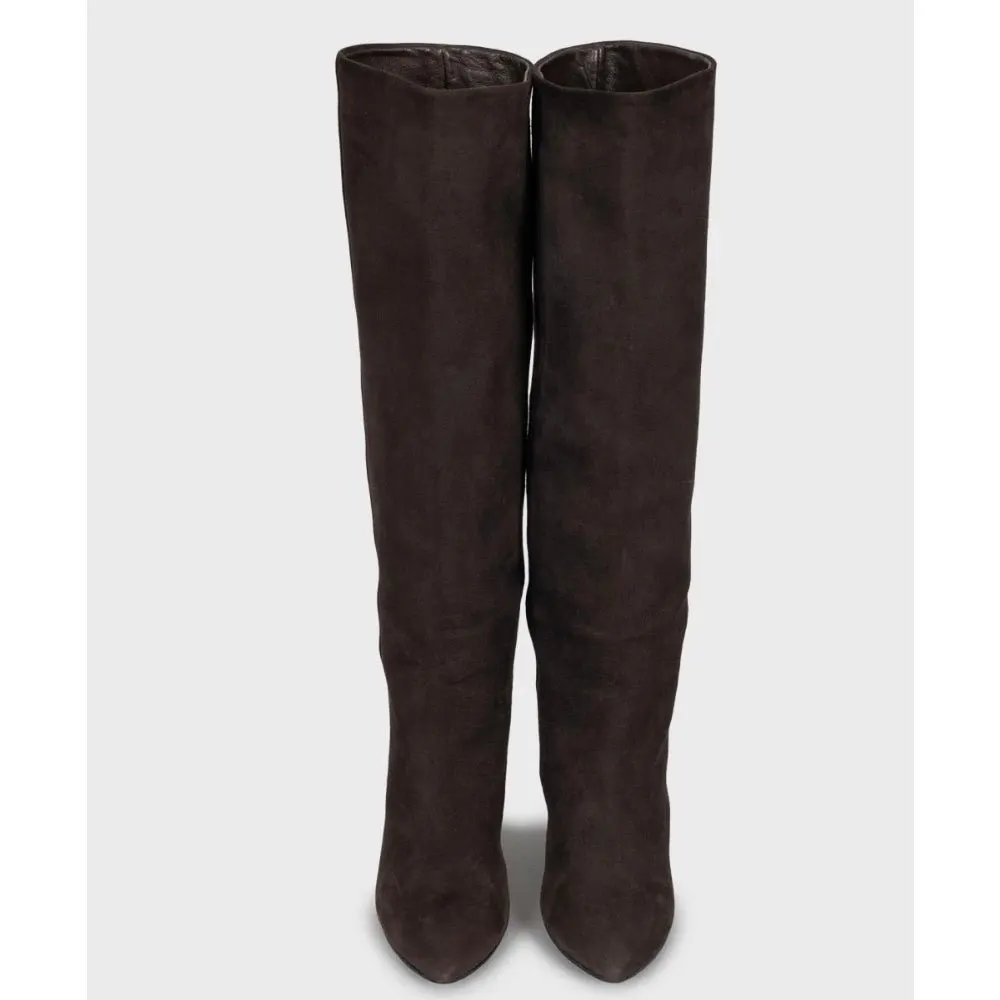 Saint Laurent Brown Suede Wedge Knee-High Boots Sz.38 Pre-owned Brown Suede Good - Back View